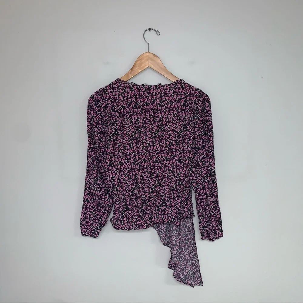 Zara Floral Blouse Women’s Medium Black‎ Pink Purple Ruffle Asymmetrical - Picture 8 of 11